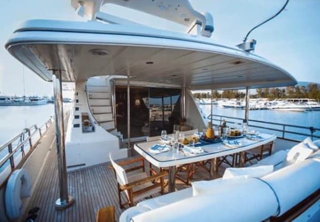 luxury deck, day yacht charter Mykonos, upper yacht deck